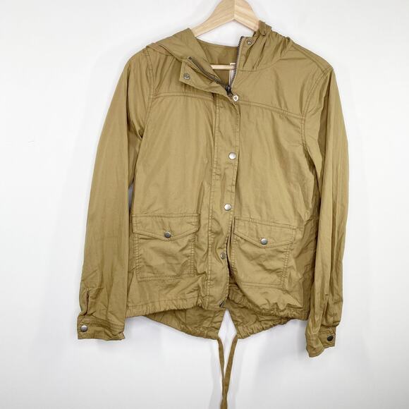 So Women Khaki Utility Jacket Size M Tan Full Zip Button Snap Hooded Lightweight - Picture 1 of 7